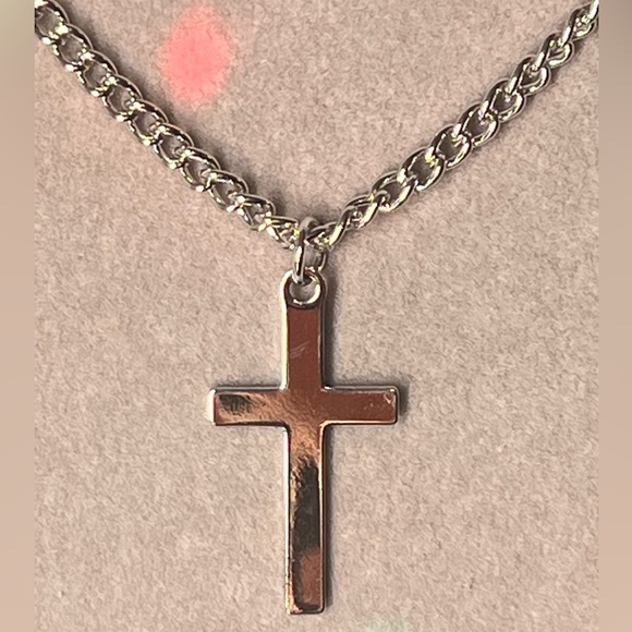 Stainless Steel Necklaces Cuban Link Chain Silver Layered Cross Pendant - Picture 3 of 6
